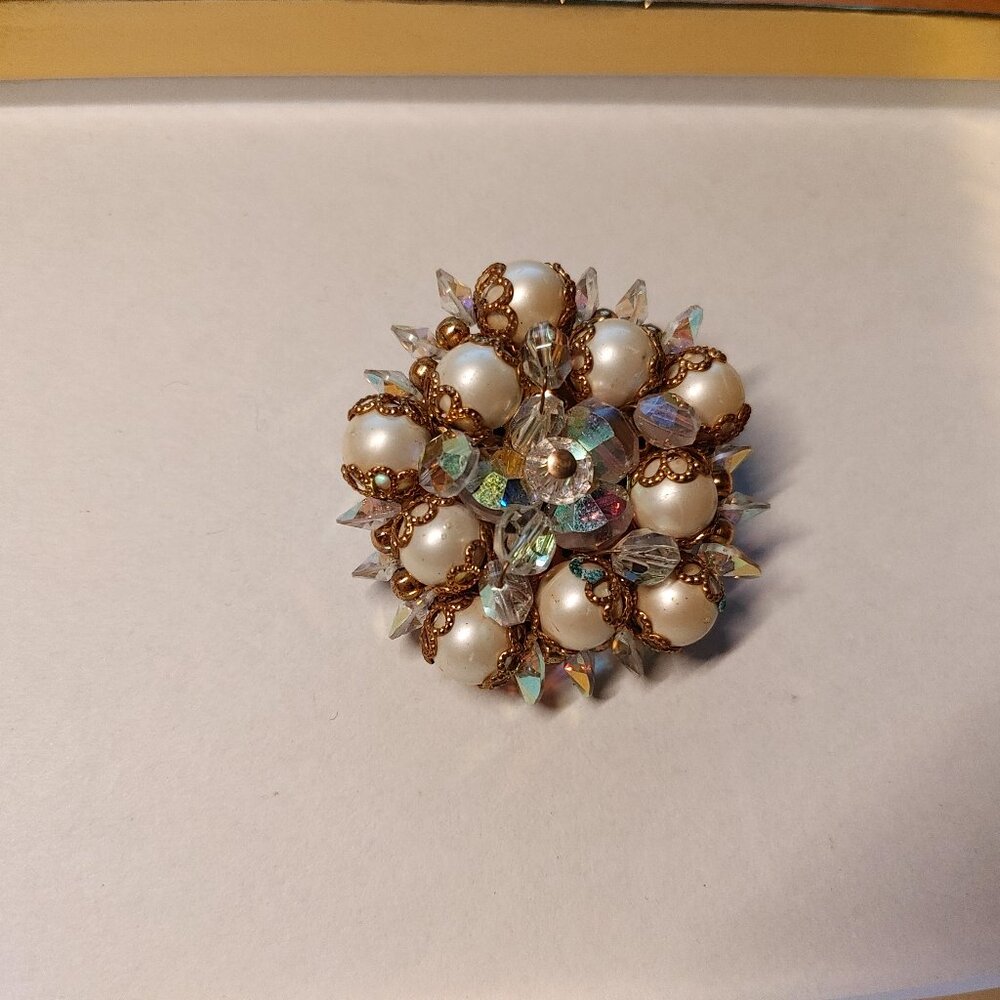 Vintage Brooch with Crystals, Faux Pearls & Aurora Borealis Beads